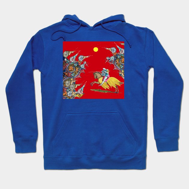 WEIRD MEDIEVAL BESTIARY WAR, KNIGHT HORSEBACK COMBATTING GIANT SNAILS IN ROYAL RED Hoodie by BulganLumini